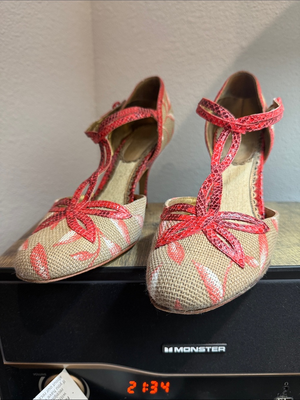 Beige Woven Heels with Red Floral Trim - Women's T-Strap Pumps